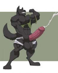 abs anthro b1tw0lf_(b1tw0lf) balls biceps big_balls big_muscles big_penis black_body black_fur bottomwear canid canine canis clothing digitigrade flexing fur genitals hi_res huge_balls huge_cock hyper kartos male male_focus male_only male_solo mammal masturbation muscular muscular_male pecs penile penile_masturbation penis solo solo_male standing topwear torn_bottomwear torn_clothing torn_topwear wolf