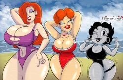 3girls ameizing_lewds armpits beach betty_boop betty_boop_(series) cleavage crossover disney female female_only hair_over_one_eye huge_breasts human jessica_rabbit legwear metro-goldwyn-mayer multiple_girls one-piece_swimsuit pale_skin public red_hair red_hot_riding_hood red_lipstick sweat swimsuit swimwear thick_thighs who_framed_roger_rabbit wide_hips wristwear