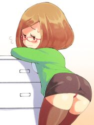 ass bent_over black_eyes blush brown_hair female glasses inkerton-kun inkuusan leaning_on_object looking_at_viewer looking_back miniskirt mob_face nikki_(swapnote) nintendo office_lady panties pantyshot pantyshot_(standing) pencil_skirt pink_panties short_hair skirt swapnote sweat sweatdrop thighhighs upskirt