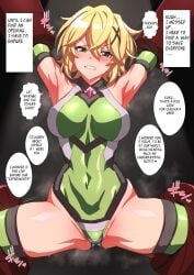 1girls akatsuki_kirika armpits big_breasts blonde_hair captured defeated dialogue english_text green_eyes leotard machine multiple_boys senki_zesshou_symphogear speech_bubble sweat text translated ulrich_(tagaragakuin)