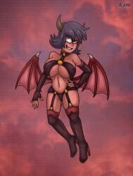 1girls aged_up alternate_species bangs black_hair breasts busty collar dark-skinned_female dark_makeup dark_skin demon demon_girl demon_wings disney disney_xd female fingerless_gloves flying garter_straps hand_on_hip high_heel_boots horns janna_ordonia kamikamatayan long_gloves looking_up navel panties red_sky short_hair skimpy smiling solo star_vs_the_forces_of_evil straight_hair strap_bra straps succubus thighhighs thighs voluptuous wings