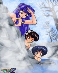 2013 3girls akane_tendo blue_hair boulder breasts brown_hair female female_only hot_spring light-skinned_female long_hair looking_for_someone megaphilx multiple_girls nipples nude nude_female onsen ranma_1/2 rocks shampoo_(ranma_1/2) short_hair snow tied_hair trees ukyo_kuonji winter