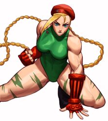 1girls absurd_res armwear blonde_hair blue_eyes braid cammy_white capcom female female_only hat leotard looking_at_viewer muscular muscular_female solo solo_female sotcho street_fighter thick_thighs twin_braids very_long_hair white_background