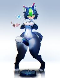 anthro big_breasts blue_fur blue_hair blush breast_grab breasts cat_ears cat_tail convenient_censoring crop_top female furry hip_tuft huge_thighs pants_removed tagme tail_between_legs thick_thighs tie tight_clothing tight_shirt utterangle white_fur