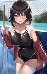 1girls artist_request belly_button_visible_through_clothing big_breasts black_hair blush blushing breasts character_request curvaceous curves curvy curvy_body curvy_female dark_hair exposed_shoulders female female_only huge_breasts jacket_partially_removed large_breasts purple_eyes school_swimsuit shoulders solo sweatdrop swimsuit swimwear tagme_(artist) tagme_(character) thick thick_thighs thighs tight_clothing tight_swimsuit tight_swimwear violet_eyes wet wet_body wet_clothes wet_swimsuit