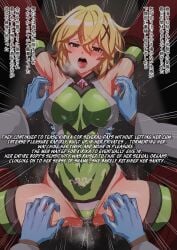 1girls akatsuki_kirika armpits big_breasts blonde_hair captured corruption defeated english_text green_eyes leotard machine multiple_boys pubic_tattoo senki_zesshou_symphogear sweat tickling translated ulrich_(tagaragakuin)