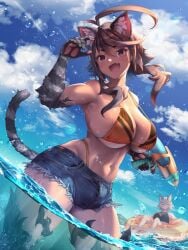 2futas abs ahoge animal_ears arashi_yagatake asagaya_rin big_breasts bikini bikini_top breasts brown_hair bulge cat_ears cat_tail catgirl clouds dog_ears doggirl fur hotpants huge_breasts large_breasts ocean original partially_submerged pawpads sky sun_glare swimwear thick_thighs thighs water water_drop water_pistol white_hair yagatake_arashi yana_(nekoarashi)