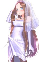 1futa blue_eyes brown_hair bulge clothed clothing dress erect_nipples_under_clothes erection erection_under_dress fully_clothed futa_only futanari human light-skinned_futanari light_skin liza_(artist) long_gloves long_hair penis_under_clothes penis_under_dress standing tenting wedding_dress white_dress white_gloves