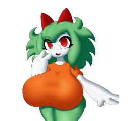 1girls 2022 3_fingers anthro anthro_only big_breasts breasts clothed_female clothed_pokemon emillie_(zanbonsen) eyebrows_visible_through_hair eyelashes eyes_visible_through_hair female female_only fully_clothed green_body green_hair green_skin huge_breasts kirlia large_breasts medium_hair orange_clothing pokémon_(species) pokemon pokemon_(species) pokemon_only red_eyes shirt short_sleeves simple_background smile smiling smiling_at_viewer solo solo_female thick_thighs thighs white_background zanbonsen