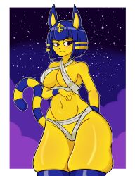 1girls animal_crossing ankha ankha_(animal_crossing) ankha_ride_(minus8) bandage big_breasts blue_hair bottom_heavy cat_ears cat_tail dark_purple_eyes feline female female_only furry furry_only medium_breasts nekiny nintendo purple_eyes solo solo_female thick_thighs thunder_thighs yellow_fur