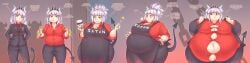 bangs bbw belly demon demon_girl demon_horns demon_tail eating fat helltaker lucifer_(helltaker) overweight pixiveo sequence ssbbw weight_gain white_hair