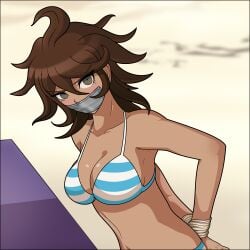 1girls 2022 alternate_version_available beach beach_chair bikini bound_wrists breasts brown_hair danganronpa danganronpa_2:_goodbye_despair danganronpa_s:_ultimate_summer_camp gag gagged gray_eyes just_some_guy large_breasts owari_akane smooth_skin solo solo_female super_danganronpa_2 tanned tanned_female tanned_girl tanned_skin tied_up