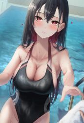 1girls amane_sora big_breasts black_hair black_swimsuit blush breasts busty cleavage curvy_body curvy_female curvy_figure female hi_res human large_breasts long_hair looking_at_viewer mole mole_on_breast mole_under_mouth original pool pov_eye_contact pov_hands red_eyes swimming_pool swimsuit swimwear towel wet