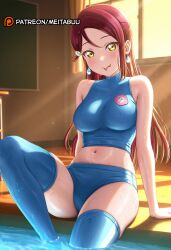 :p ai_generated arm_support bare_shoulders bikini blue_bikini blue_thighhighs blush breasts classroom crop_top earrings female hair_ornament hairclip half_updo indoors jewelry knee_up large_breasts long_hair looking_at_viewer love_live! love_live!_school_idol_project love_live!_sunshine!! medium_breasts meita midriff navel patreon_logo patreon_username pool poolside red_hair sakurauchi_riko sitting sleeveless smile soaking_feet solo sunlight sunset swimsuit thighhighs thighs tongue tongue_out water wet window yellow_eyes