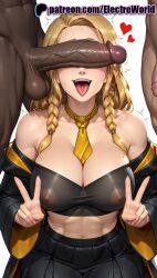 1boy 1girls 2025 ai_generated artist_name balls bare_shoulders blonde_hair braid breasts bust chest cock collar covered_nipples dark-skinned_male dark_skin dick electroworld erection female harry_potter harry_potter:_hogwarts_mystery heart hi_res high_quality high_resolution highres huge_cock interracial large_penis male navel off_shoulder patreon patreon_username penis penis_awe penis_on_face penny_haywood precum saliva solo_focus stable_diffusion straight testicles tongue tongue_out uncensored v veins veiny_penis watermark