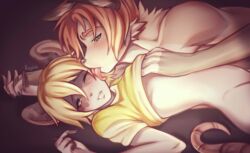 anthro blonde_hair blush buddy_cassini canid canine clothed clothed_sex clothing digital_media_(artwork) duo embarrassed face_lick femboy foreplay fox fur futanari hair intersex kissing licking male male/male mammal markings murid murine orange_body orange_fur orange_hair rat rodent rogbiejoke sex sex_toy shirt size_difference spots spotted_body spotted_fur submissive submissive_male t-shirt tongue topwear touching_chest toying_partner