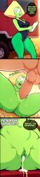 ass asshole breasts breasts_out breeding cartoon_network clitoral_hood clitoris comic comic_panel cum_in_pussy cum_inside curvy curvy_figure dialogue dripping from_below gem gem_(species) gem_on_forehead green_eyes green_pussy green_skin interspecies leaking_cum legs_apart mating_press moan moaning peridot_(steven_universe) puckered_anus ravenheart64 speech_bubble steven_universe text wet yellow_hair