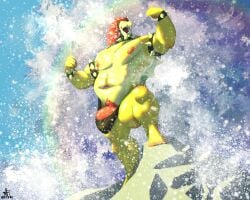 1boy absurd_res anthro armband artemi barazoku barefoot barely_contained barely_contained_penis black_clothing black_thong black_underwear bowser bracelet clothing collar day feet genitals hi_res jewelry koopa male male_only mario_(series) muscular muscular_anthro muscular_male navel nintendo nipples open_mouth outside penis pubes reptile rock scalie sea solo spiked_armband spiked_bracelet spiked_collar spikes splashing_water thong underwear water wave yellow_body