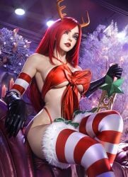 1girls 3d bikini christmas clothed clothing criss-cross_halter deer_ears detached_sleeves elbow_gloves eye_scar eyebrows eyelashes female female_focus female_only green_eyes headwear holding_weapon indoors katarina_du_couteau large_breasts league_of_legends lipstick long_hair looking_at_viewer low-angle_view makeup navel pinup red_bikini red_hair red_lipstick sevenbees slay_belle_katarina snowdown_series stockings striped_clothing striped_legwear thighhighs xmas