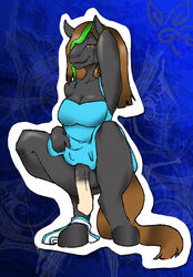 animal_genitalia anthro arm_behind_head arms ass balls bent_arms bent_legs big_breasts big_penis black blue bottomless breasts brown_eyes brown_hair cleavage clothing crouching dress equine flaccid fur furry furry_only futanari hair hooves horsecock ineri intersex legs looking_at_viewer muzzle no_humans panties partially_clothed penis pointy_ears roneethestray signature simple_background tail underwear zmile