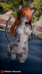 3d_(artwork) absurd_res anthro bikini breasts clothing digital_media_(artwork) felid feline female hi_res mammal momo_(monarquis) monarquis pantherine pool pubes snow_leopard solo summer swimwear two-piece_swimsuit