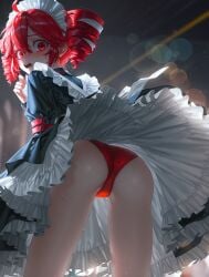 1girls ai_generated ass ass_focus big_ass blush blush dress dress_lift embarrassed embarrassed_female female female_only hair_ornament hairbow kasane_teto kasane_teto_(sv) lifted_dress looking_back low-angle_view maid maid_headdress maid_uniform panties panty_peek pantyshot red_eyes red_hair solo solo_female synthesizer_v thick_thighs thighs twin_drills upskirt utau