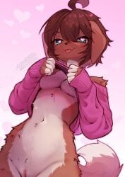 2025 3:4 5_fingers anthro areola better_version_at_source breasts brown_body brown_fur brown_hair canid canine canis clothed clothing clothing_lift coffeechicken digital_drawing_(artwork) digital_media_(artwork) domestic_dog female fingers floppy_ears fluffy fluffy_tail fur genitals hair heart_eyes heart_symbol kess_(coffeechicken) looking_at_viewer mammal mostly_nude mostly_nude_anthro mostly_nude_female navel nipples pink_areola pink_nipples pose presenting presenting_pussy presenting_vulva pussy shirt shirt_lift simple_background small_breasts smile solo tail tongue tongue_out topwear vulva