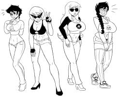 4girls black_and_white dave_strider dirk_strider female female_only glasses homestuck jake_english john_egbert kamina_shades large_breasts medium_breasts midriff mindwipe navel planetofjunk rule_63 sunglasses tagme white_background