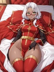 1girls ai_generated calamitas calamity_mod female glass green_eyes horns lying_on_bed red_rope teacher terraria white_hair white_horn wide_hips witch