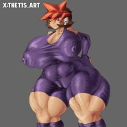 angry_expression atlas_(megaman) brown_hair huge_ass huge_breasts huge_nipples huge_thighs kunaboto_(style) mega_man mega_man_zx_advent muscles muscular muscular_female red_eyes red_hair tagme thetis_(artist) thunder_thighs tomboy
