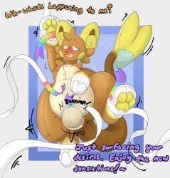 absurd_res alolan_form alolan_raichu ambiguous_gender animate_inanimate blush feral generation_7_pokemon groping_belly groping_bulge hanging_by_arms hi_res implied_transformation living_plushie nintendo null_bulge plushie pokemon pokemon_(species) raimallow_(character) regional_form_(pokemon) solo solo_focus squeakyscrap