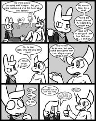 2025 2_horns 3_toes 4_fingers amphibian anthro armor barefoot blush bottomless breastplate caspar_the_frog casual_nudity claws clothed clothing comic demon dialogue embarrassed english_text eyebrows feet finger_claws fingers flaccid frog genitals gesture group hand_gesture hands_behind_back horn humanoid humanoid_genitalia humanoid_penis jacket kerchief lagomorph leo_the_magician leporid male mammal on_ground open_clothing open_jacket open_topwear penis profanity rabbit raised_eyebrow robe shadow_creature shirt shoulder_pads sitting speech_bubble text thumbs_up to-be-named-later toes topwear ultilix wes_(ultilix)