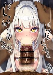 1boy 1girls balls bar_censor big_ass big_breasts big_penis blanc_(nikke) blush breasts bunny_ears bunny_girl bunnysuit censored dark-skinned_male erection facefuck female goddess_of_victory:_nikke hair_intakes human_toilet human_urinal japanese_text large_breasts male male_pubic_hair maledom meat_toilet ninopal pubic_hair_in_mouth public_restroom public_sex smegma smegma_in_mouth squatting stray_pubic_hair testicles thick_thighs white_hair yellow_eyes