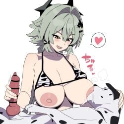 1girls bestiality blush breast_sucking breasts breasts_out caesar_king caesar_king_(zenless_zone_zero) canid canine canine_genitalia canine_penis cow_print domestic_dog female feral functionally_nude functionally_nude_female grey_hair handjob heart interspecies knot lactation lover_animal male penis smiling sucking sucking_nipples yellow_eyes zenless_zone_zero zoophilia
