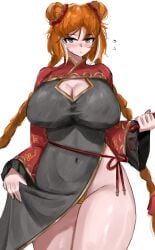 1girls bare_legs braid braided_hair breasts chinese_clothes cleavage dress dress_lift female female_only freckles hair_bun huge_breasts ishmael_(limbus_company) light-skinned_female light_skin limbus_company looking_at_viewer orange_hair project_moon solo talisman_pasties white_background wide_sleeves www1_(artist)