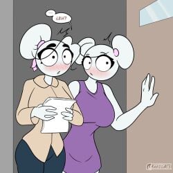 2d 2girls areolae big_breasts bra breasts carla carla_en_la_oficina clothed comic_panel dress female female_only karla marioa13 office_lady spanish_dialogue spanish_text speech_bubble stickman stickwoman