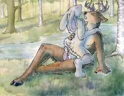 anthro antlers breasts buck cervine closed_eyes cum deer female fur furry horns jackalope lagomorph male messy nipples nude penis rabbit river ruaidri sex straight the_great_outdoors