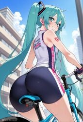 1girls ai_generated aqua_eyes aqua_hair armpits ass ass_focus bare_shoulders bicycle bike_shorts blush bodysuit cameltoe city earbuds female fingerless_gloves from_behind from_below hatsune_miku looking_at_viewer looking_back nibba outdoors shiny_skin sitting sleeveless small_breasts smile sweat tattoo_on_arm twintails very_long_hair