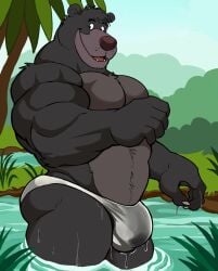 1boy anthro ass baloo bear big_butt big_muscles briefs briefs_only bulge claws clothed clothing darknaigart dripping_wet finger_claws forest head_tuft hi_res huge_muscles jungle male male_only mammal muscular muscular_anthro muscular_male navel open_mouth outside partially_submerged pecs plant shaded sloth_bear smile solo standing_in_water teeth_showing the_jungle_book thick_neck tongue topless tree tuft underwear underwear_only ursine