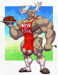 anthro antlers apron apron_only armpit_hair balls beard biceps big_balls big_muscles big_penis body_hair bottomless chest_hair clothed clothing deer eyebrows facial_hair flaccid food foreskin fur genitals hair hi_res holding_object horn huge_balls huge_cock huge_muscles humanoid_genitalia humanoid_penis kihu looking_at_viewer male mammal moose muscles muscular muscular_anthro muscular_male new_world_deer nipples pecs penis simple_background solo thick_penis thick_thighs tyler_(zalluth) uncircumcised