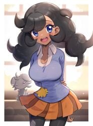 1girls arms_behind_back backlighting bangs black_hair blue_eyes busty character_name cleavage clothing creatures_(company) curly_hair dark-skinned_female dark_skin emma_(pokemon) espurr female female_focus female_only fully_clothed game_freak gonzarez gonzarez1938 happy_female large_breasts legwear looking_at_viewer open_mouth pleated_skirt pokemon skinny skirt smiling sunlight tagme