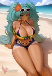 1girls 2d ai_generated aqua_hair ass barefoot big_ass big_breasts bikini bracelet brazilian_miku breasts dark-skinned_female earrings erophoenix eyewear_on_head feet full_body grin hair_flower hair_ornament hatsune_miku huge_breasts jewelry kneeling long_hair looking_at_viewer looking_back nail_polish patreon_username shorts smile soles solo solo_female sunglasses swimsuit tan tellow_shirt thick thick_thighs toes uncensored vocaloid