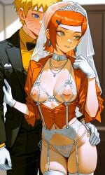 1boy 1female 1girls ai ai_generated ben_10 ben_10_(classic) blonde_hair blue_eyes bra breasts female gloves green_eyes gwen_tennyson jewelry lingerie lingerie_bra lingerie_panties male naruto nipples open_nipple_bra orange_hair short_hair tiara uzumaki_naruto veil white_gloves