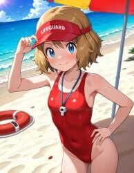 2025 4kids_entertainment ai_generated anime beach_background beach_umbrella blue_eyes_female brown_eyebrows brown_hair_female deviantart elryusam hand_on_hat hand_on_hip lifeguard_hat lifeguard_swimsuit looking_at_viewer meta nintendo not_porn open_mouth pink_body pokemon red_cheeks serena_(pokemon) smile_at_viewer smiling_at_viewer wet_body wet_skin wet_swimsuit whistle_around_neck