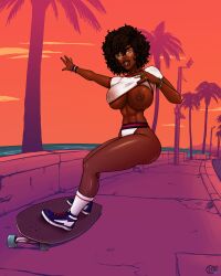 abs afro beach big_ass big_breasts bracelet breasts busty clothed dark-skinned_female dark_skin exhibitionism exhibitionist flashing flashing_breasts foolymagooly full_lips heart-shaped_eyewear hourglass_figure large_breasts lip_piercing longboard looking_at_viewer melanie_hazelton nipple_piercing nose_piercing original_character palm_tree pierced_nipples public public_exposure public_nudity raiounsfw ring_(jewelry) see-through_top skateboard skateboarding sunglasses sunset synthwave thick_lips thick_thighs thin_waist toned_female wide_hips