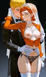 1boy 1female 1girls ai ai_generated ben_10 ben_10_(classic) blonde_hair blue_eyes bra breasts female gloves green_eyes gwen_tennyson jewelry lingerie lingerie_bra lingerie_panties male naruto nipples open_nipple_bra orange_hair short_hair tiara uzumaki_naruto veil white_gloves