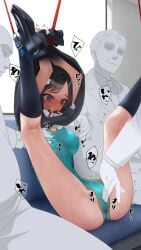 3boys aqua_one-piece_swimsuit black_eyes black_hair black_shoes black_socks breasts cameltoe commentary_request female fingering fingering_through_clothes gag highres improvised_gag kneehighs large_breasts legs_up male multiple_boys murakami_suigun nipple_rub nipple_rub_through_clothes nipple_stimulation one-piece_swimsuit original paid_reward_available restrained shoes short_hair sitting skirt skirt_tied_over_head socks swimsuit tape tape_gag through_clothes train_interior variant_set x-ray