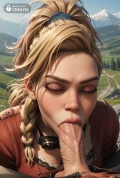 1boy 1boy1girl 1girls :>= ai_generated artist_name blonde_hair blowjob blurry blurry_background bra braid breasts closed_eyes day erection fellatio female freckles gemma_(monster_hunter_wilds) goggles goggles_around_neck gumroad_username hi_res jacket lips long_hair male male_pubic_hair monster_hunter monster_hunter_wilds mountain nose oral outdoors penis ponytail pov pubic_hair r34arts realistic solo_focus straight uncensored veins veiny_penis
