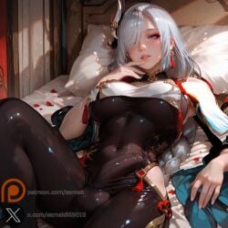 ai_generated bodysuit bulge bulge_under_clothes genshin_impact large_breasts lying lying_on_back lying_on_bed navel penis_under_clothes semekart shenhe_(genshin_impact) tagme testicles tight_clothes tight_clothing tight_fit