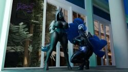 2025 alicorn anthro ass athletic big_breaats black_body blender_(artwork) blue_eyes breasts crouching digital_media_(artwork) domizoni duo equid equine female friendship_is_magic green_eyes hasbro hi_res horn horse looking_at_viewer mammal my_little_pony mythological_creature mythological_equine mythology nightmare_moon_(mlp) nipples nude nude_female pinup pose queen_chrysalis_(mlp) toned_female tongue tongue_out wings